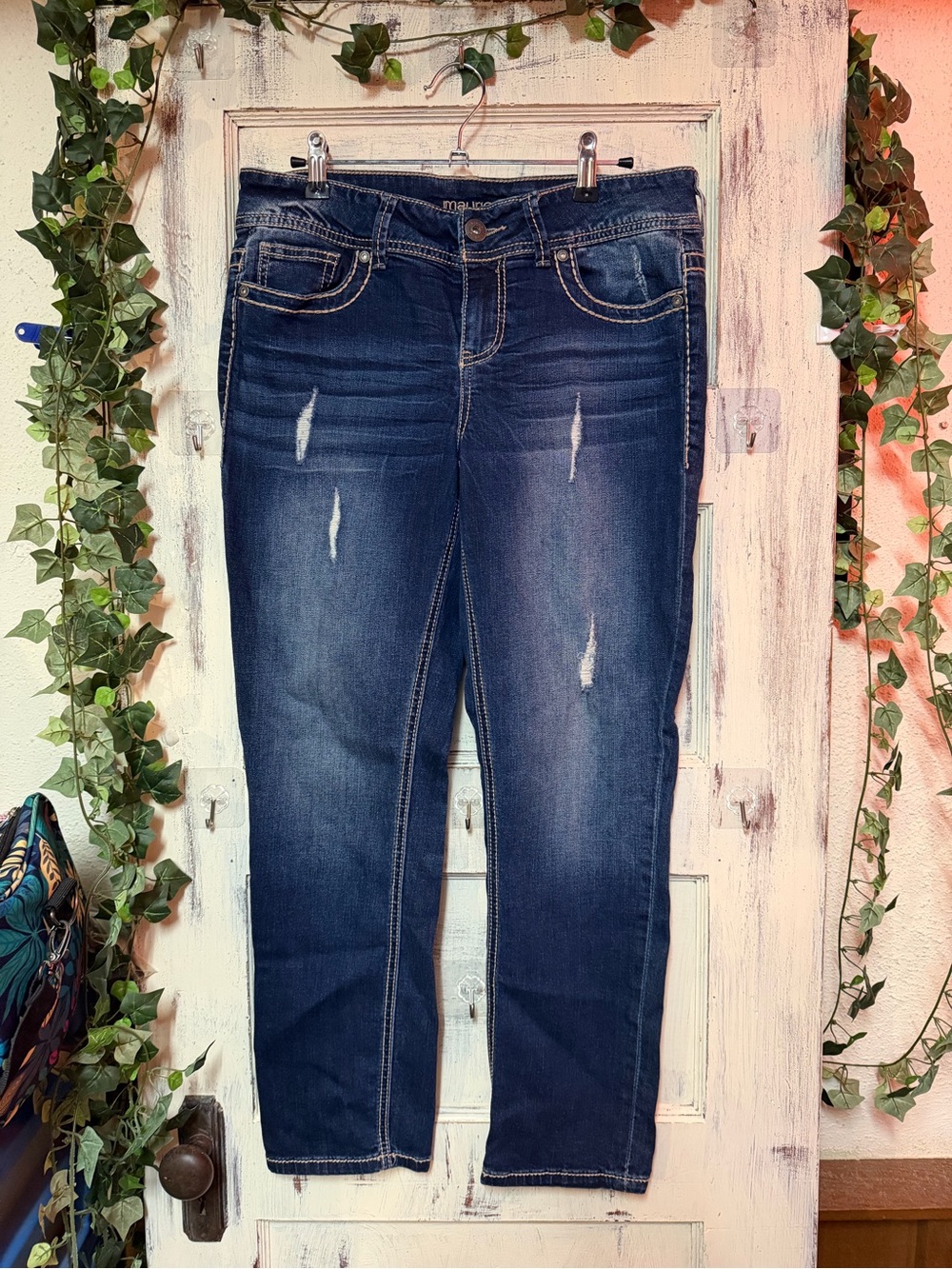 Maurices Dark Wash Straight Leg Jeans with Distressed Accents